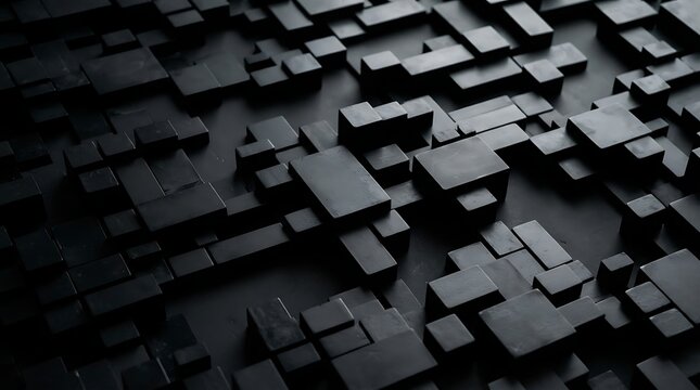 Abstract 3D background with dark geometric cubes and modern architectural structure.