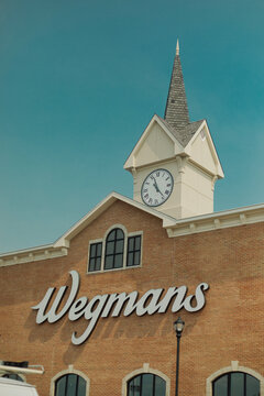 Exterior View of Wegmans Grocery Store Signage and Clock Tower Architecture, New Jersey, USA, Shot on August 13, 2026.