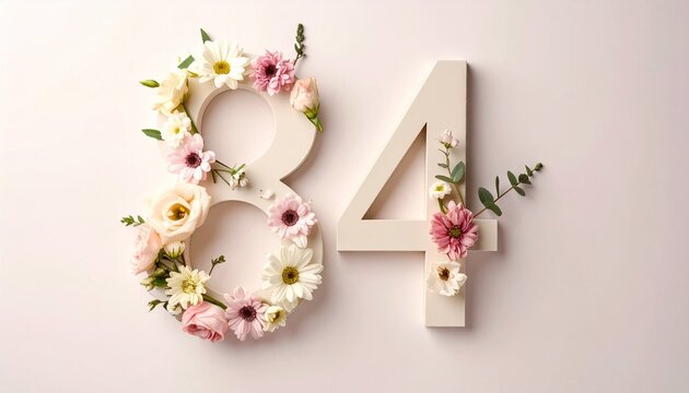 Elegant Number 84 Decorated with Floral Accents on a Soft Light Background