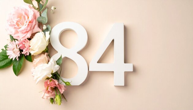 Number 84 Decorated With Soft Pink Roses And Elegant Floral Arrangements