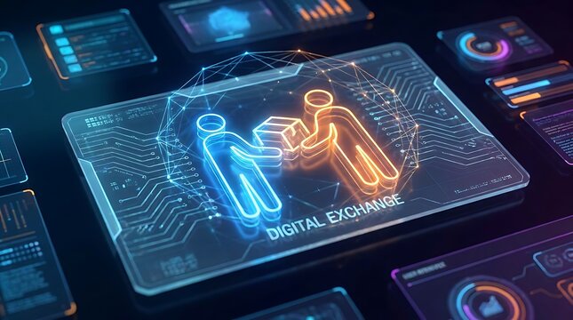 Digital transformation concept with glowing neon human figures on futuristic interface