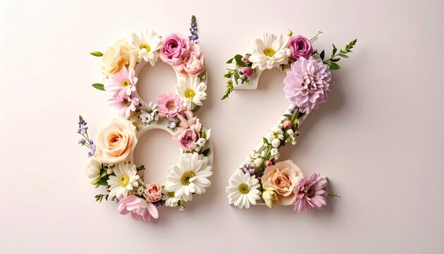 Eighty Two Number Formed With Delicate Floral Arrangements On Soft Background