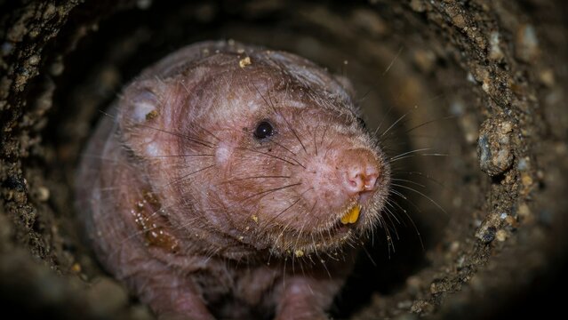 A naked mole-rat is looking through its dark underground burrow, showcasing its unique features.