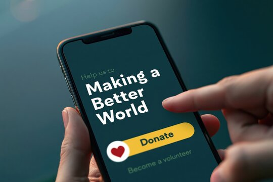 Charity donation on smartphone app for social impact and better world philanthropy