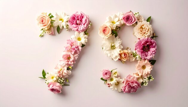 Floral Number 79 Decorated with Delicate Flowers on Soft Light Background