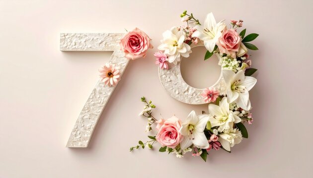 Number 79 Decorated with Elegant Pink and White Flowers on Light Background