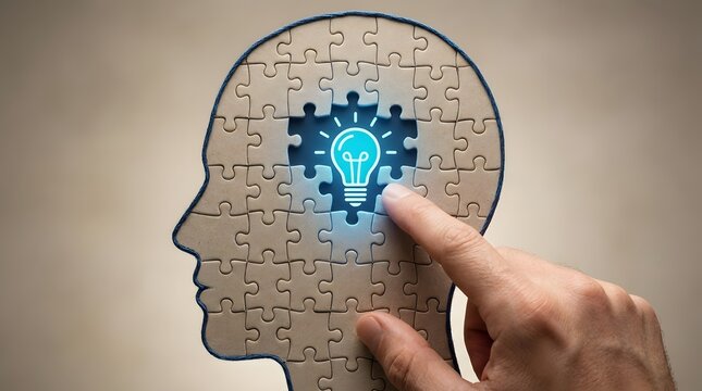 Hand placing final puzzle piece into head silhouette with glowing light bulb idea concept