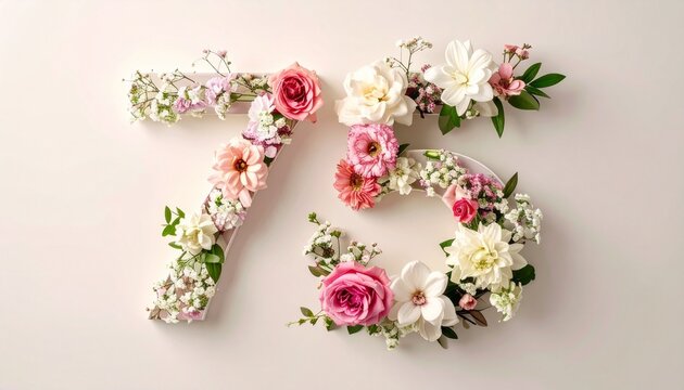 Seventy Five Number Shape Formed with Elegant Assorted Spring Flowers Bouquet