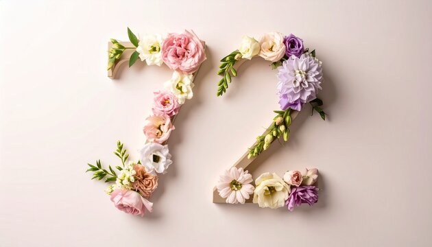 Number 72 Decorated With Elegant Pastel Flowers on a Soft Light Background