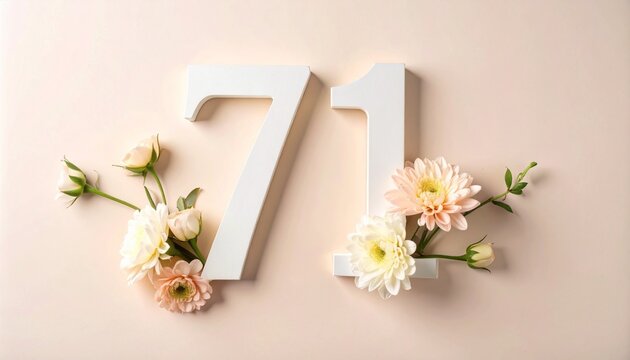 Elegant white number 71 decorated with delicate flowers and blossoms