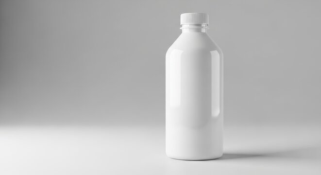 Empty white plastic bottle with handle on light background.
