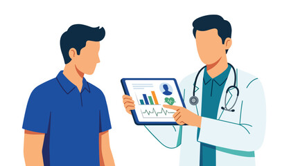 Fototapeta premium Healthcare professional explaining digital medical reports to patient flat vector illustration for clinic consultation services