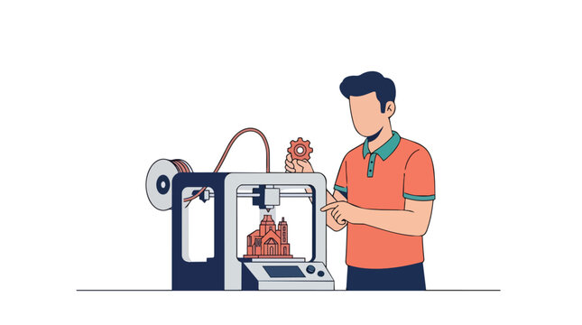 3d printer operator with additive manufacturing equipment flat vector illustration for industrial prototyping