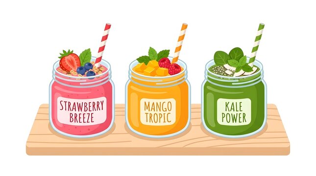 Set of Three Fresh Fruit and Vegetable Smoothies in Glass Jars