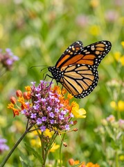 Obraz premium Monarch Butterfly on Wildflowers in a Meadow.
