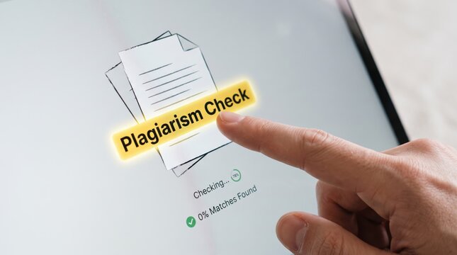 Plagiarism Check software on tablet screen, finger pressing button, digital copyright detection, 0% matches found, academic integrity concept