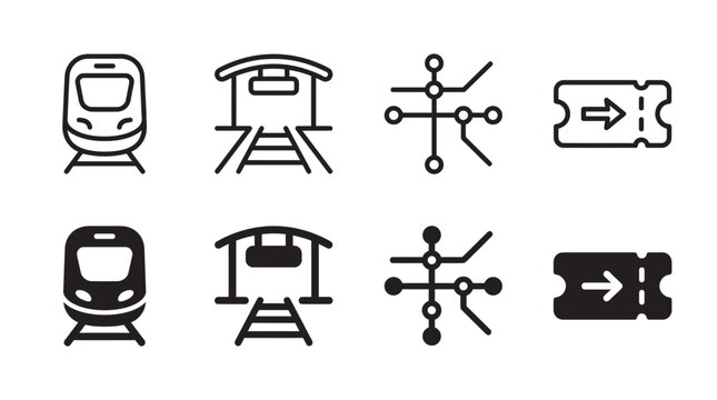 Vector icon set featuring trains railway stations route maps travel tickets transport transportation locomotive