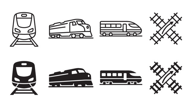 Set of modern train locomotive high speed rail railroad crossing line and glyph vector icons with locomotive
