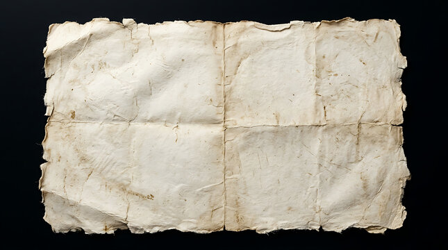 Old vintage paper with creases, folds, and rough edges, isolated on a black background, texture for historical or fantasy designs
