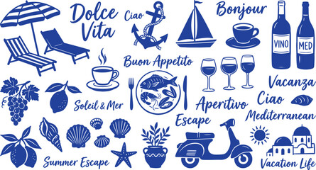 Mediterranean Summer Vacation Italian and French Riviera Blue Vector Icon Set © Nimra