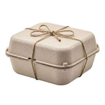 A small, beige, fabric-covered box with a brown string tied around it