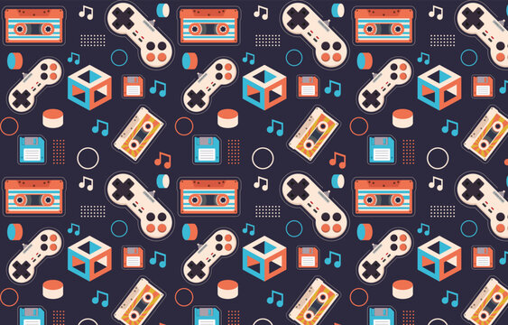 Retro game controllers and cassettes collage design isolated on transparent background