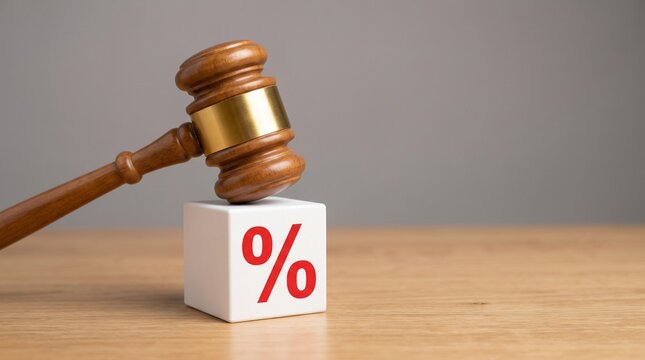 Gavel of Justice Resting on White Wooden Cube with Red Percentage Sign on Table