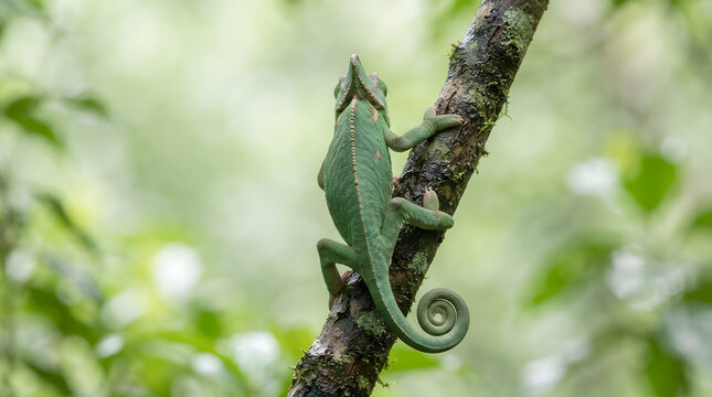 Green chameleon climbing a tree branch in lush forest environment