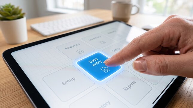 Touchscreen tablet interface, finger tapping data entry button on software screen, digital screen concept, technology use, app design on smart device in office