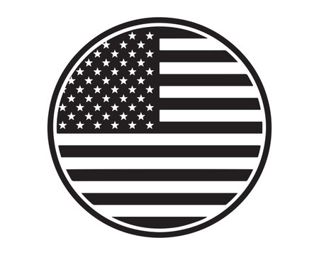 Circular american flag design badge silhouette on white background with usa flag