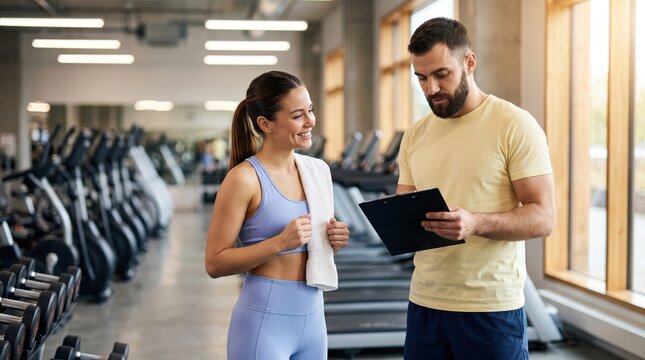 Male personal trainer discussing a custom workout plan on a clipboard with a smiling young woman in a modern gym.