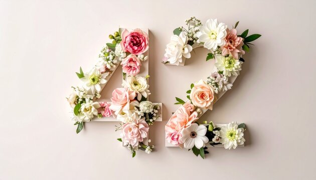 Floral Number 42 decorated with delicate spring flowers and botanical accents
