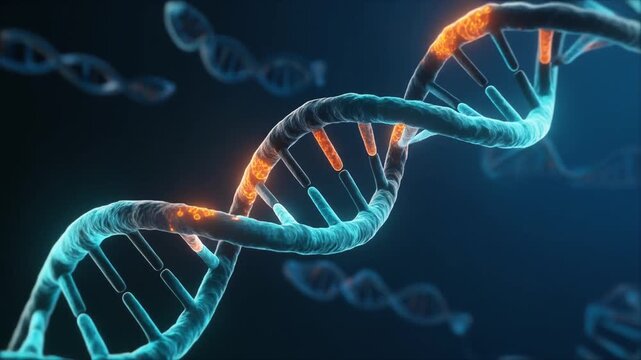 Detailed DNA replication fork visualization showing strand separation and new DNA formation for biotechnology, science education, medical presentations, and research media.