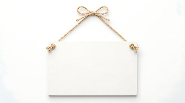 Blank white wooden sign hanging with rope and bow isolated on white background