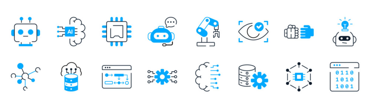Complete AI technology icon set collection featuring robot head, AI brain, chatbot, neural network, deep learning, algorithm flowchart, binary code