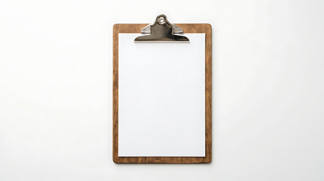 Blank paper sheet on a wooden clipboard isolated on white background