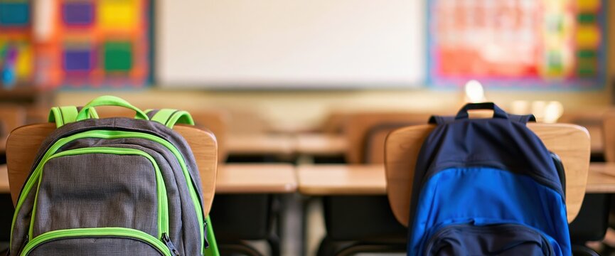 Backpacks and bags on chairs in an empty elementary school class room for learning