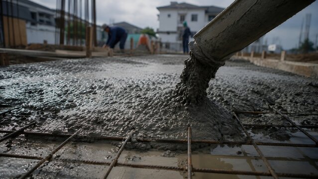 Concrete Pouring on Reinforced Foundation Slab at Construction Site, Building and Civil Engineering Concept