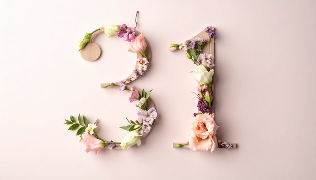 Elegant Number 31 Composed of Delicate Spring Flowers on Soft Background