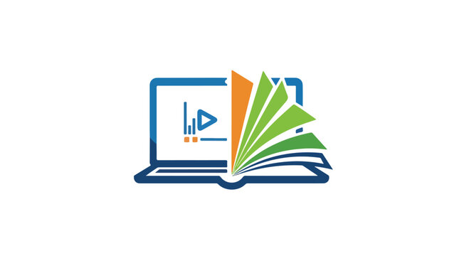 Digital education concept showing a laptop with a video player interface and an open book with fanned, colorful pages, symbolizing online learning and knowledge.