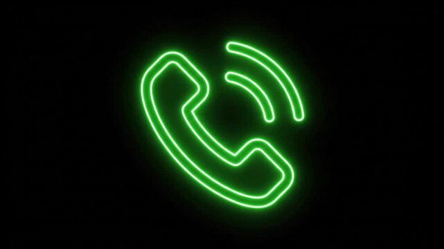 Neon green phone icon glowing on black background. Retro luminous telephone handset symbol. Electric lime communication sign for digital interfaces.