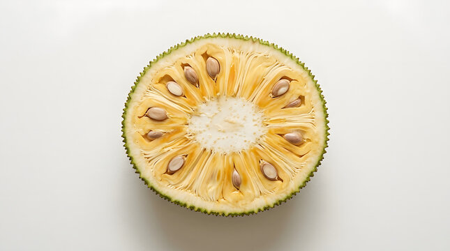 Sliced jackfruit half on clean white background showcasing seeds