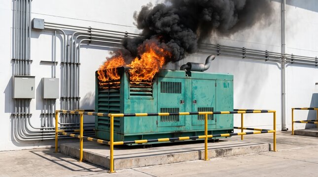 Emergency situation showing an outdoor power generator catching fire and producing heavy dark smoke.