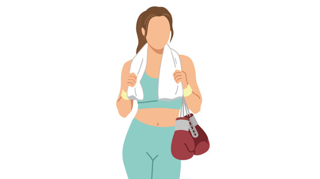Female boxer athlete holding boxing gloves and towel in flat vector illustration for fitness and combat sports branding