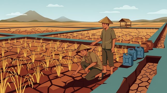 Asian farmers struggling with severe drought in dry cracked rice field.