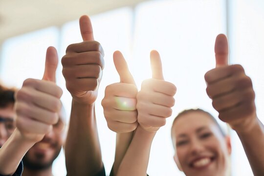 Team of diverse business people showing thumbs up gesture for success and unity