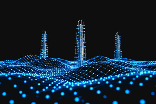 A 3D rendered digital grid landscape with glowing blue nodes, featuring three tall vertical data node structures rising from undulating waves, representing data networks and information technology.