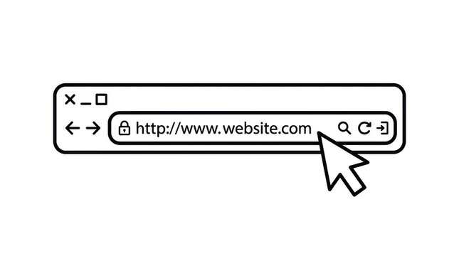 Simple black and white line art vector icon of a web browser address bar with a mouse cursor clicking on the link field