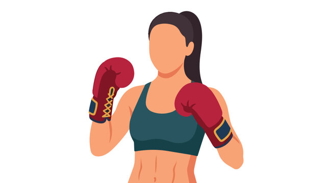 Female boxer athlete wearing red gloves in modern flat vector illustration for sports fitness and martial arts training marketing