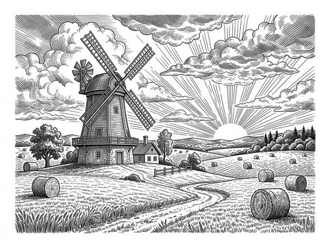 Vintage windmill in a rural countryside landscape